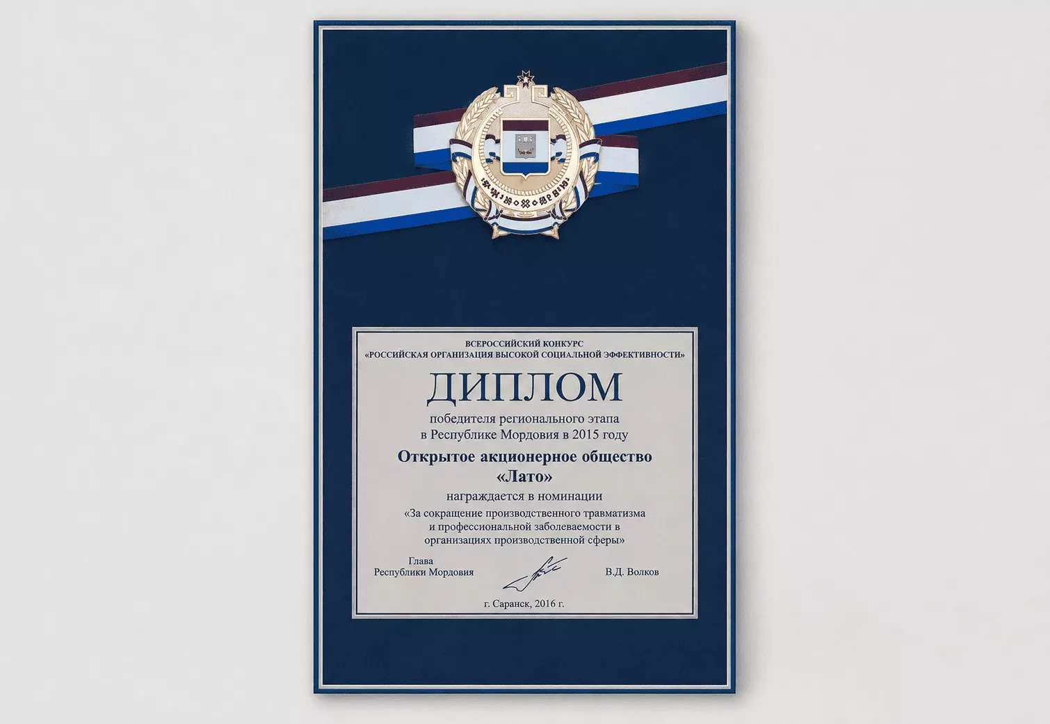 Диплом победителя регионального этапа Всероссийского конкурса «Российская организация высокой социальной эффективности» 2015