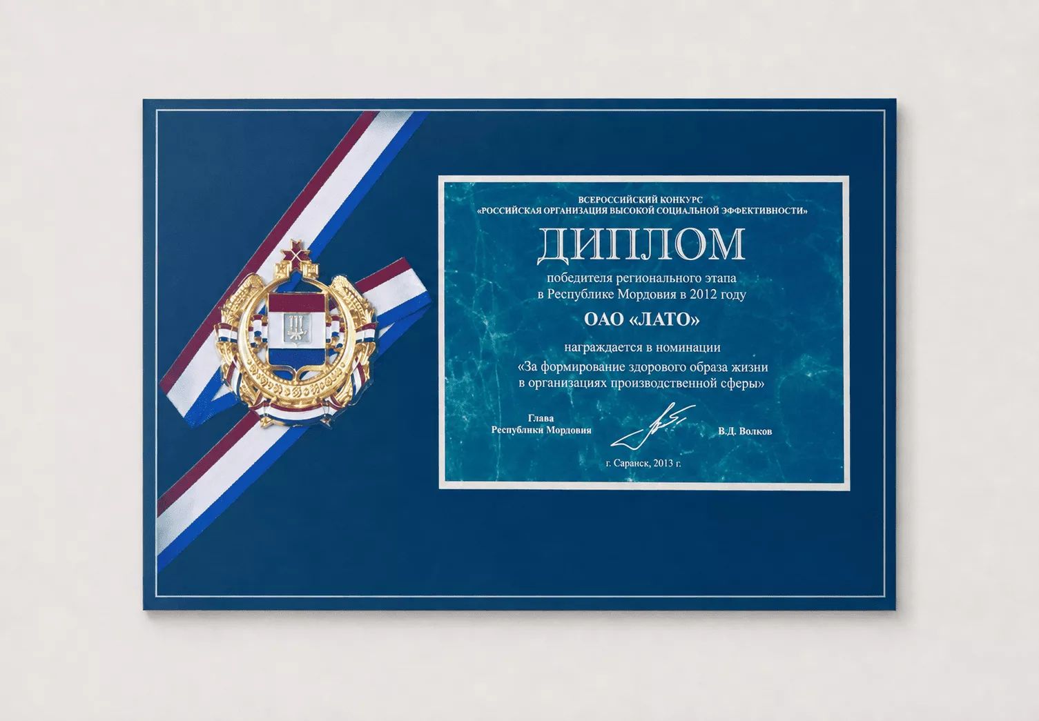 Диплом победителя регионального этапа Всероссийского конкурса «Российская организация высокой социальной эффективности» 2012